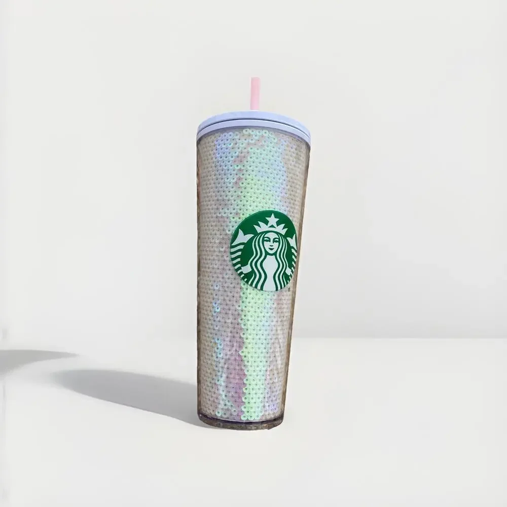 New Starbucks 2020 Holiday Exclusive Pink & White Sequin 24 oz Tumbler Cold Cup
